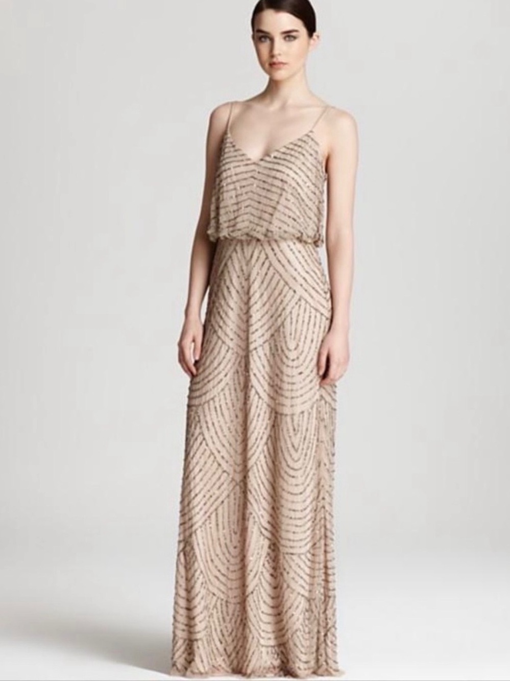 Adrianna Papell Blouson Beaded V-Neck Maxi Dress in Nude Blush
